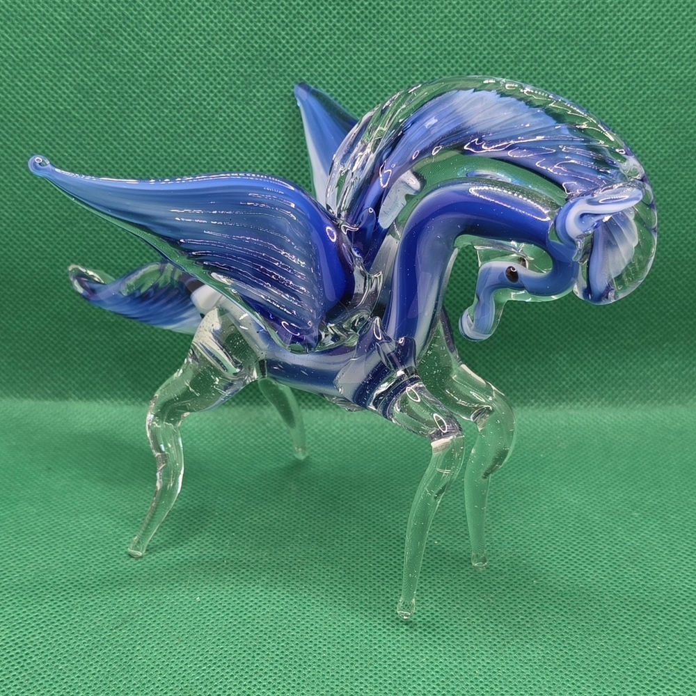 Hand Blown Glass Pegasus Figurine Cobalt Clear Winged Horse 5.5" Long